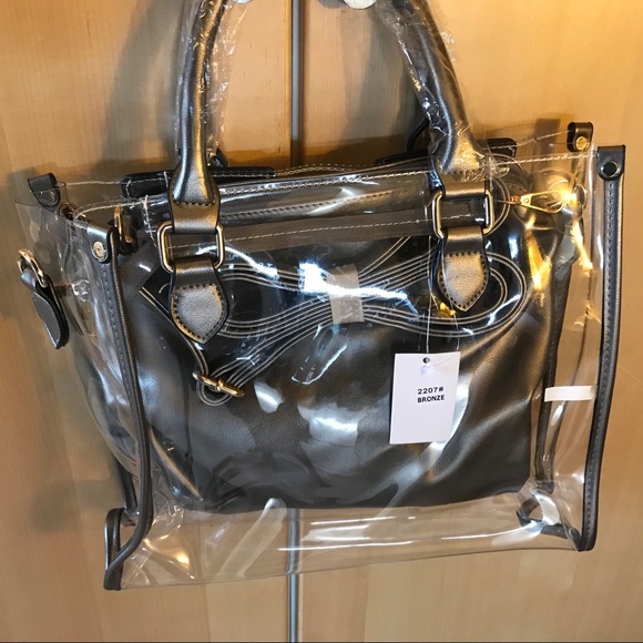 PEWTER AND TRANSPARENT 2-IN-1 SATCHEL TOTE HANDBAG - Picture 6 of 15